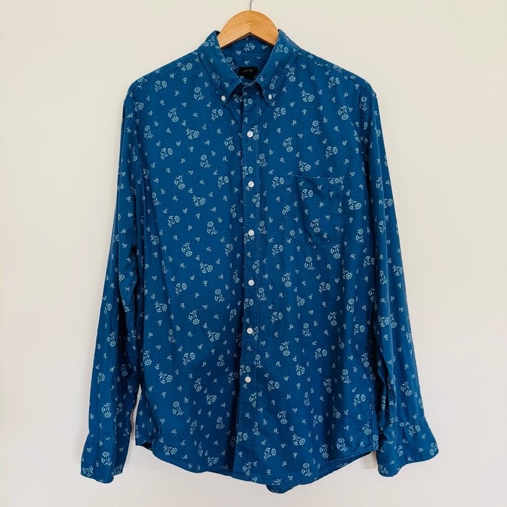 J. Crew Mens Linen Cotton Blue Leafy Button Up Long Sleeve Shirt Size Large NEW